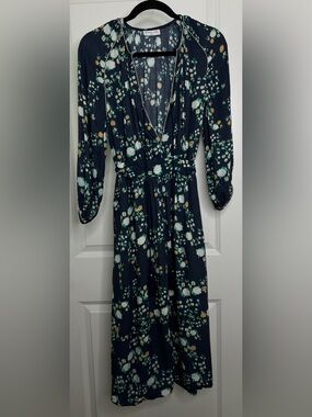 Megan Park Floral Viscose Maxi Dress 0 Blue Orange Green Tassel Detail Pockets